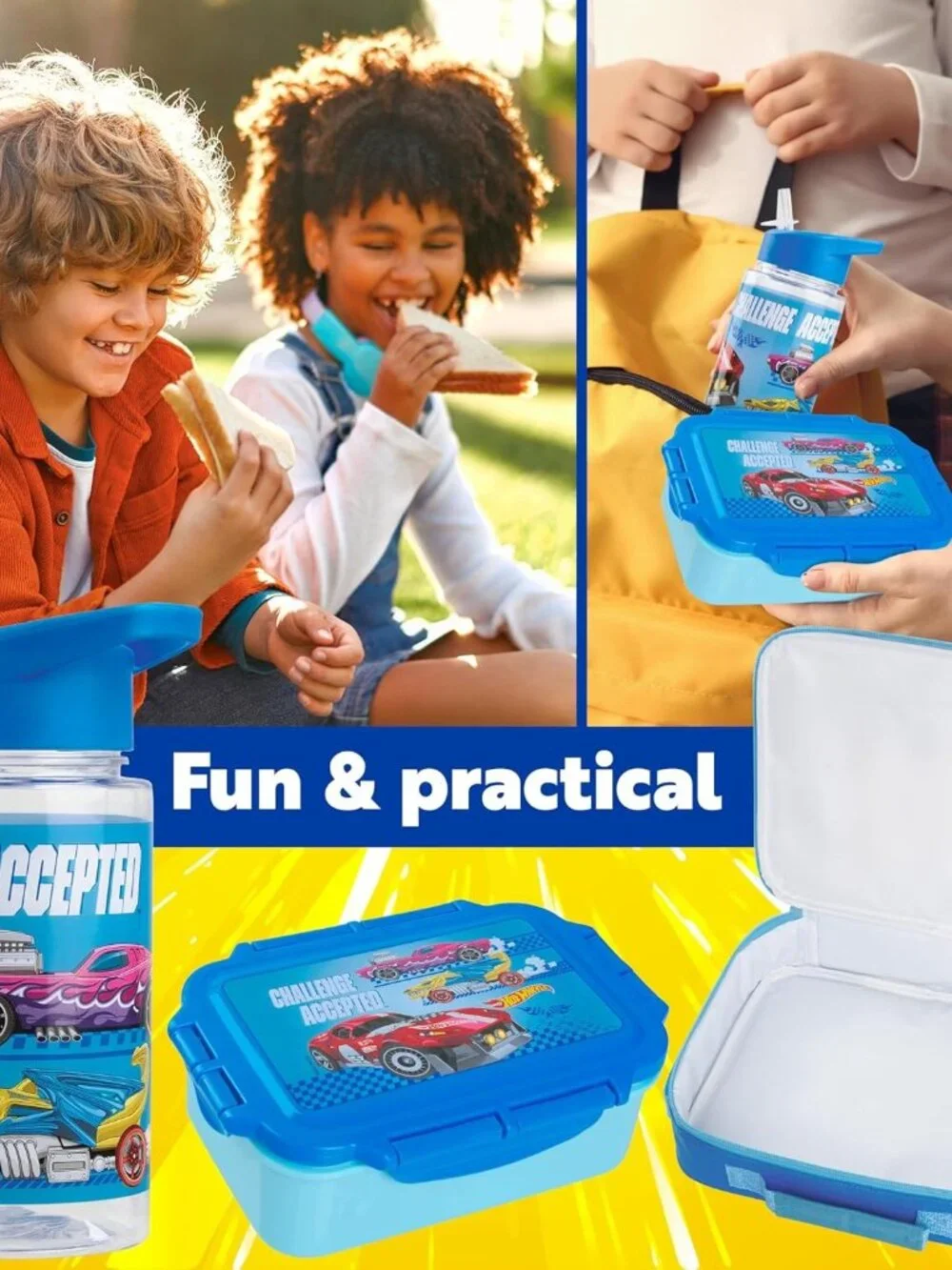 Hot Wheels Kids 3 Pc Lunch Set Insulated Lunch Bag Water Bottle Lunch Box Blue